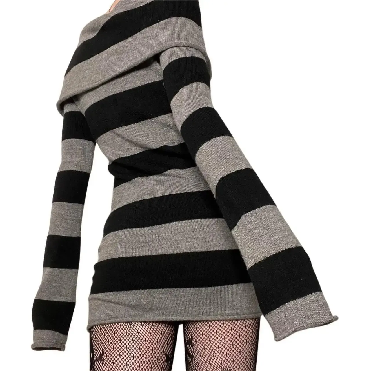 Women's Striped Boat Neck Off-Shoulder Long Sleeve Mini Bodycon Dress - Chic Party & Casual Wear thumbnail 5