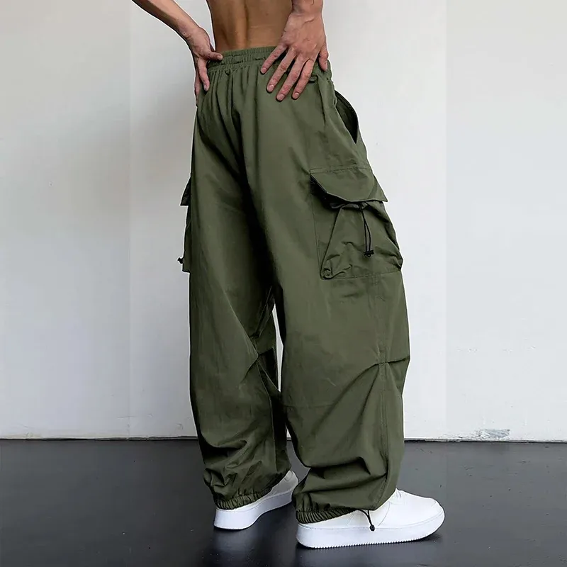 Men's Casual Cargo Pants Fashion Streetwear Classic Straight Wide-leg Drawstring Workwear Trendy Loose Trousers showcase 6