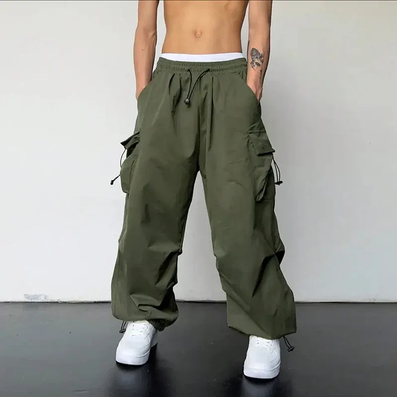 Men's Casual Cargo Pants Fashion Streetwear Classic Straight Wide-leg Drawstring Workwear Trendy Loose Trousers thumbnail 1