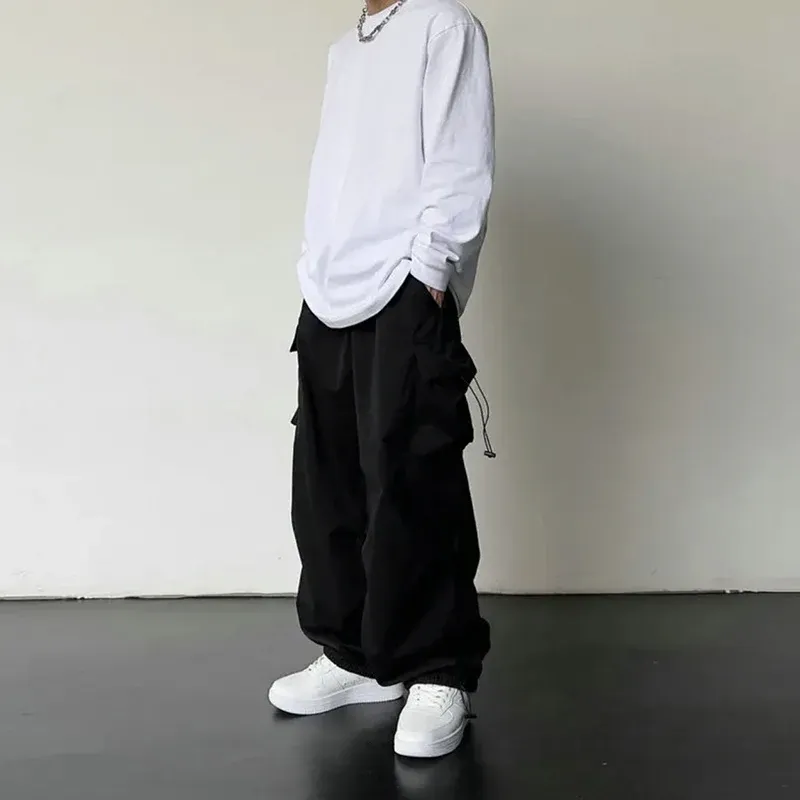 Men's Casual Cargo Pants Fashion Streetwear Classic Straight Wide-leg Drawstring Workwear Trendy Loose Trousers showcase 11