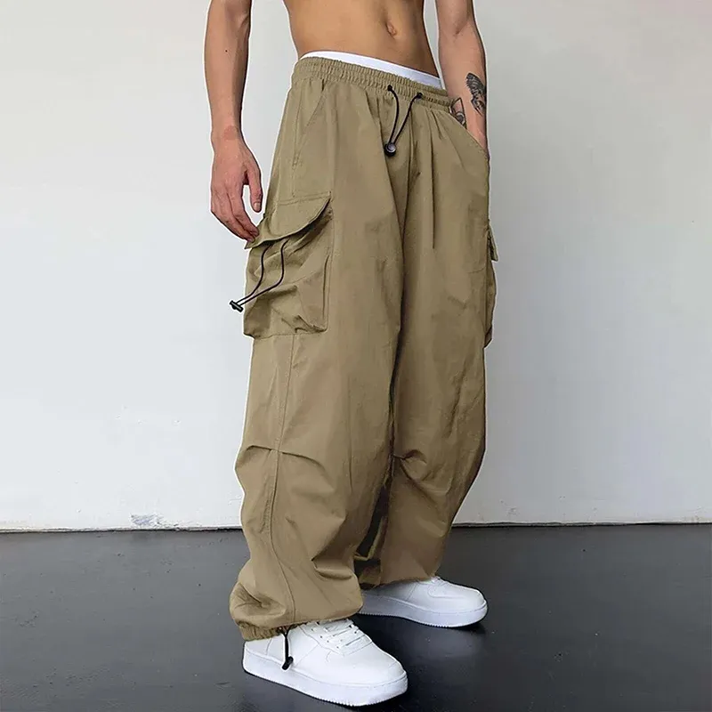 Men's Casual Cargo Pants Fashion Streetwear Classic Straight Wide-leg Drawstring Workwear Trendy Loose Trousers showcase 7