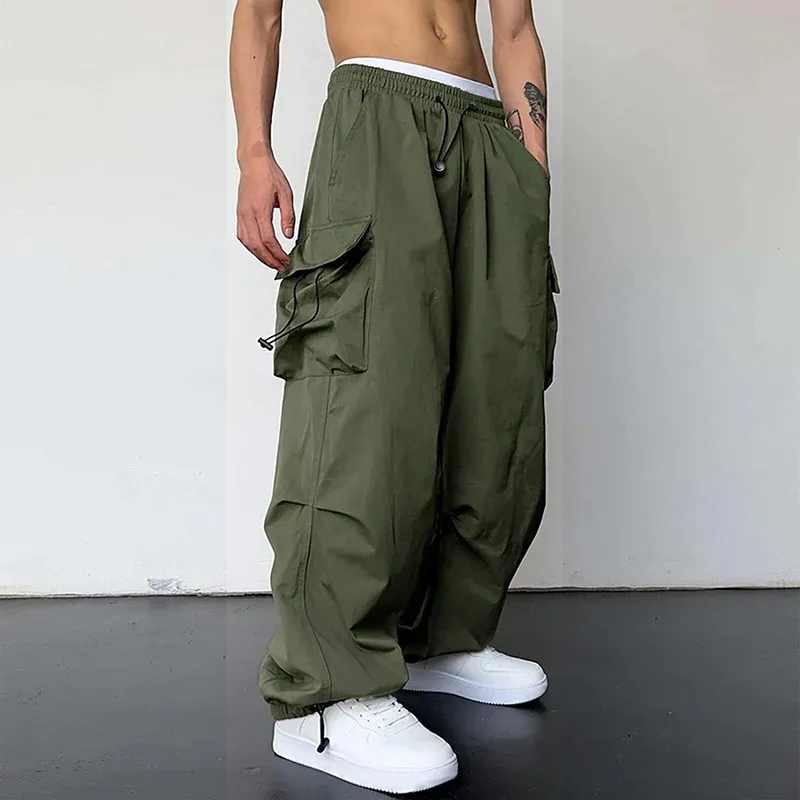 Men's Casual Cargo Pants Fashion Streetwear Classic Straight Wide-leg Drawstring Workwear Trendy Loose Trousers showcase 4