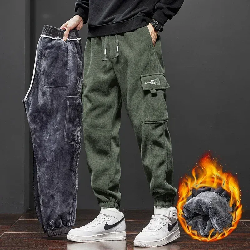 Men's Thickened Warm Corduroy Cargo Pants - Fleece Lined Loose Fit Streetwear Joggers for Winter, Black thumbnail 1
