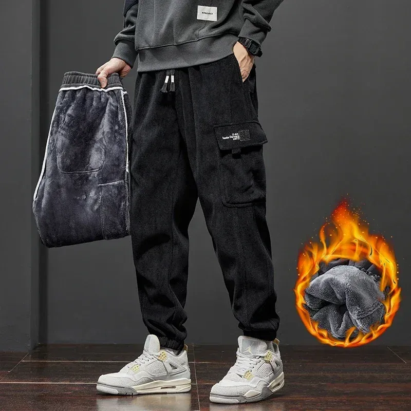 Men's Thickened Warm Corduroy Cargo Pants - Fleece Lined Loose Fit Streetwear Joggers for Winter, Black thumbnail 2
