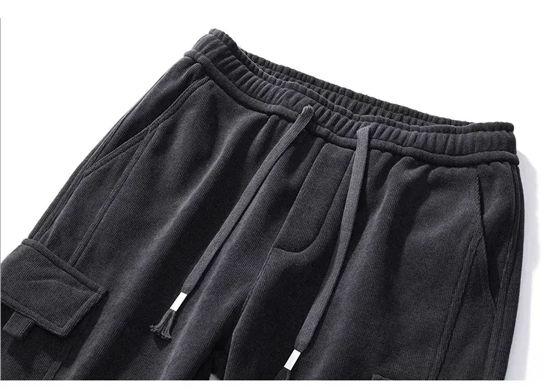 Men's Thickened Warm Corduroy Cargo Pants - Fleece Lined Loose Fit Streetwear Joggers for Winter, Black showcase 6