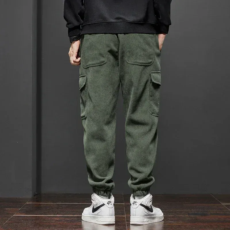 Men's Thickened Warm Corduroy Cargo Pants - Fleece Lined Loose Fit Streetwear Joggers for Winter, Black thumbnail 4