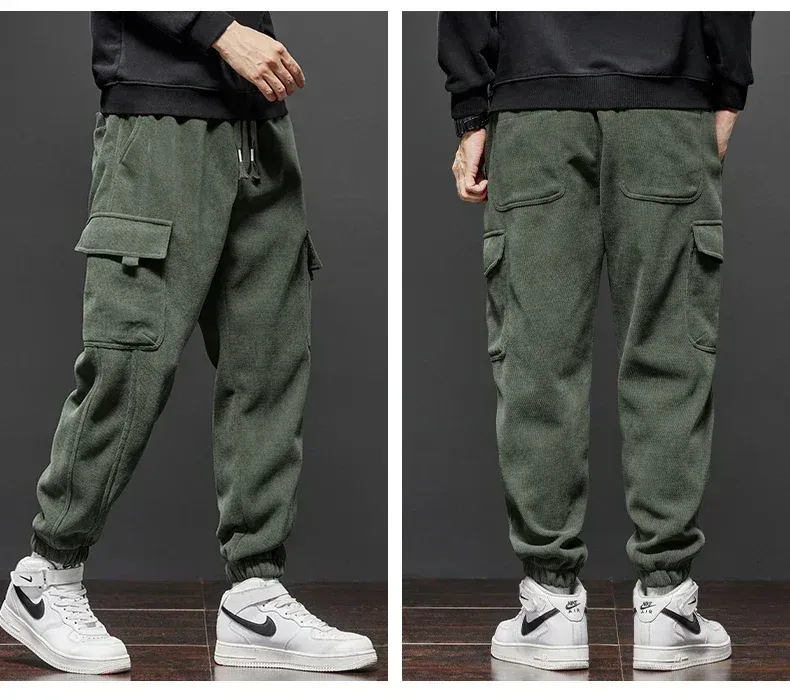 Men's Thickened Warm Corduroy Cargo Pants - Fleece Lined Loose Fit Streetwear Joggers for Winter, Black showcase 18