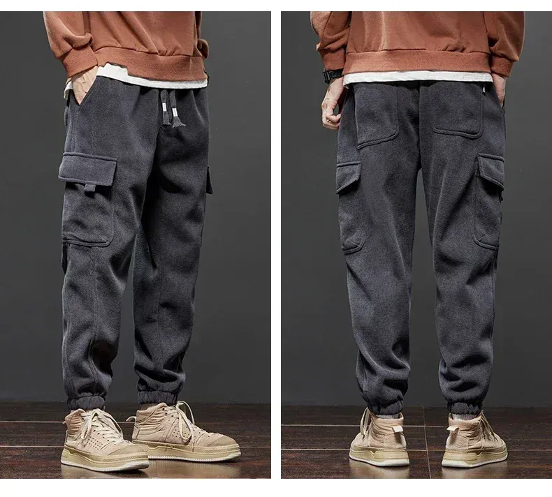 Men's Thickened Warm Corduroy Cargo Pants - Fleece Lined Loose Fit Streetwear Joggers for Winter, Black showcase 12