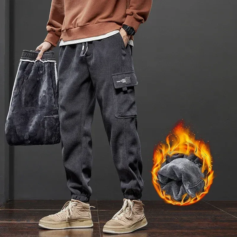 Men's Thickened Warm Corduroy Cargo Pants - Fleece Lined Loose Fit Streetwear Joggers for Winter, Black thumbnail 3