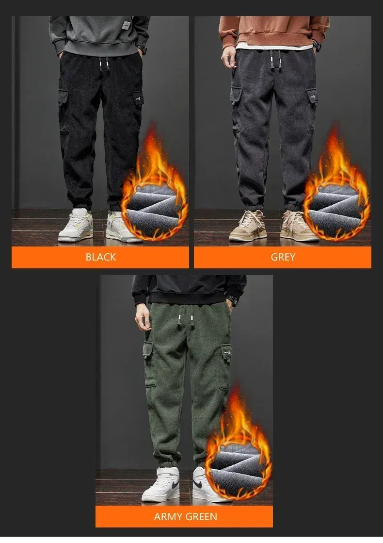 Men's Thickened Warm Corduroy Cargo Pants - Fleece Lined Loose Fit Streetwear Joggers for Winter, Black showcase 9