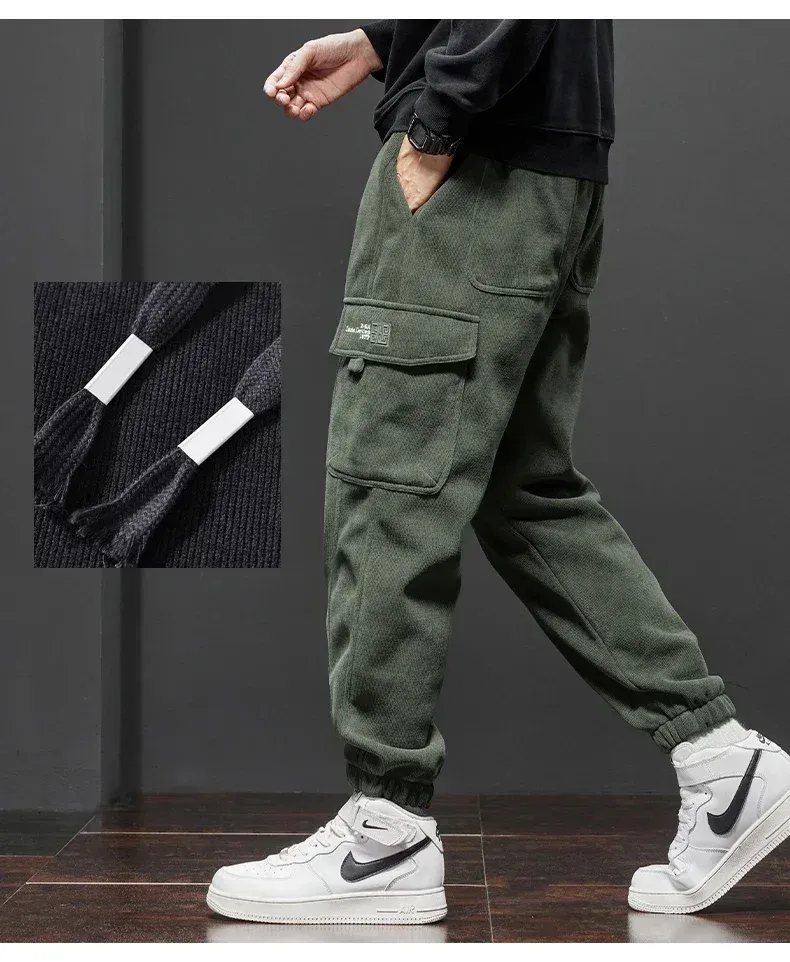 Men's Thickened Warm Corduroy Cargo Pants - Fleece Lined Loose Fit Streetwear Joggers for Winter, Black showcase 17