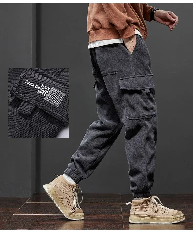 Men's Thickened Warm Corduroy Cargo Pants - Fleece Lined Loose Fit Streetwear Joggers for Winter, Black showcase 11