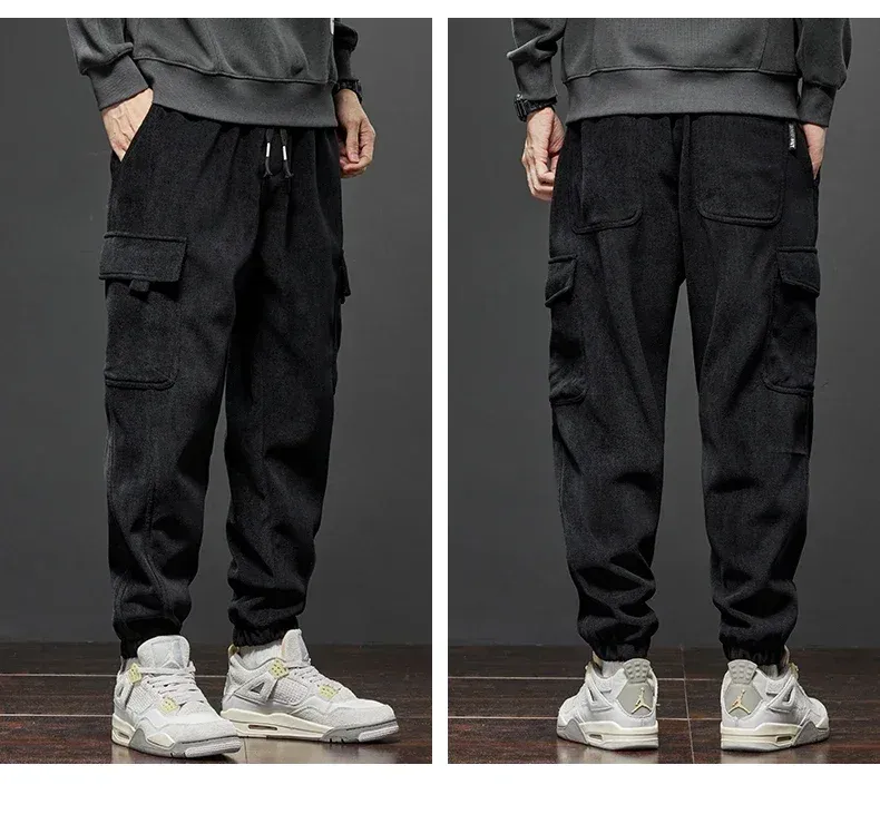 Men's Thickened Warm Corduroy Cargo Pants - Fleece Lined Loose Fit Streetwear Joggers for Winter, Black showcase 15