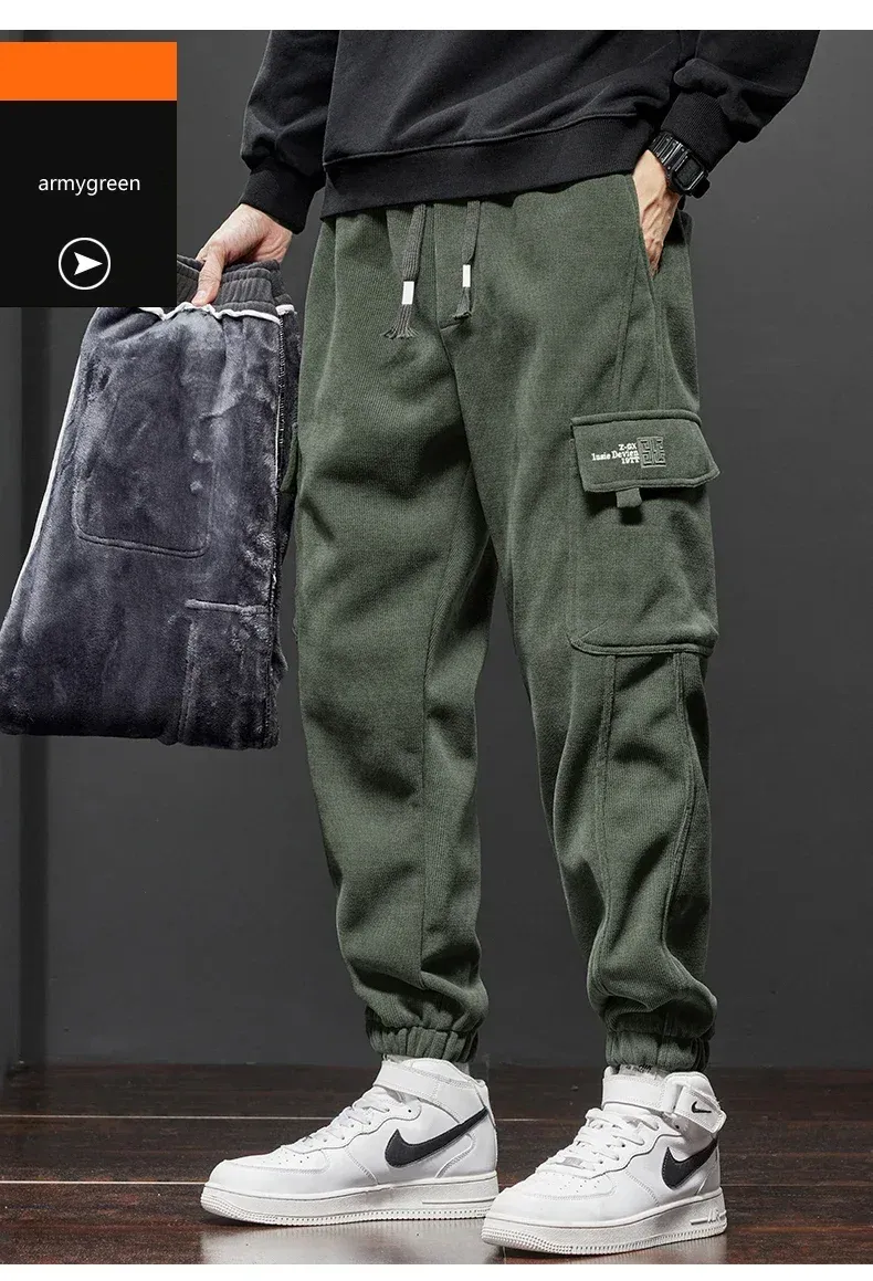 Men's Thickened Warm Corduroy Cargo Pants - Fleece Lined Loose Fit Streetwear Joggers for Winter, Black showcase 16
