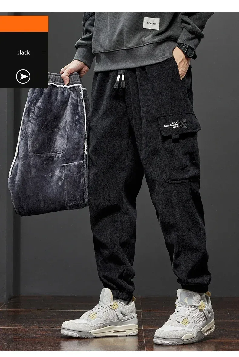 Men's Thickened Warm Corduroy Cargo Pants - Fleece Lined Loose Fit Streetwear Joggers for Winter, Black showcase 13
