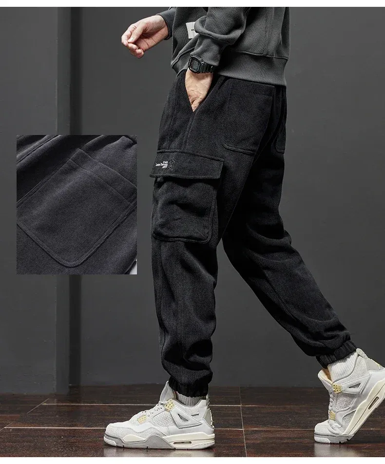 Men's Thickened Warm Corduroy Cargo Pants - Fleece Lined Loose Fit Streetwear Joggers for Winter, Black showcase 14