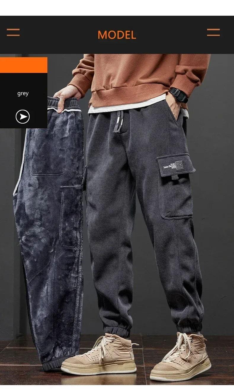 Men's Thickened Warm Corduroy Cargo Pants - Fleece Lined Loose Fit Streetwear Joggers for Winter, Black showcase 10
