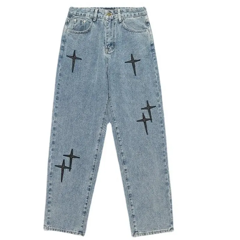 Men's Vintage Loose Fit Wide Leg Denim Cargo Jeans - Designer Star Print Streetwear Fashion Pants showcase 3