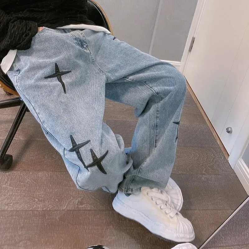 Men's Vintage Loose Fit Wide Leg Denim Cargo Jeans - Designer Star Print Streetwear Fashion Pants thumbnail 1
