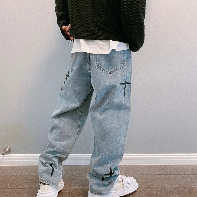 Men's Vintage Loose Fit Wide Leg Denim Cargo Jeans - Designer Star Print Streetwear Fashion Pants thumbnail 3