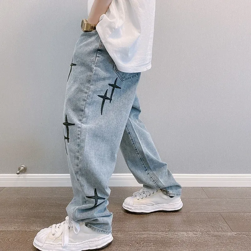 Men's Vintage Loose Fit Wide Leg Denim Cargo Jeans - Designer Star Print Streetwear Fashion Pants thumbnail 2