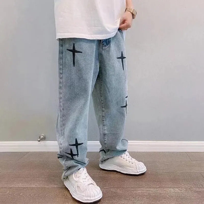 Men's Vintage Loose Fit Wide Leg Denim Cargo Jeans - Designer Star Print Streetwear Fashion Pants thumbnail 4