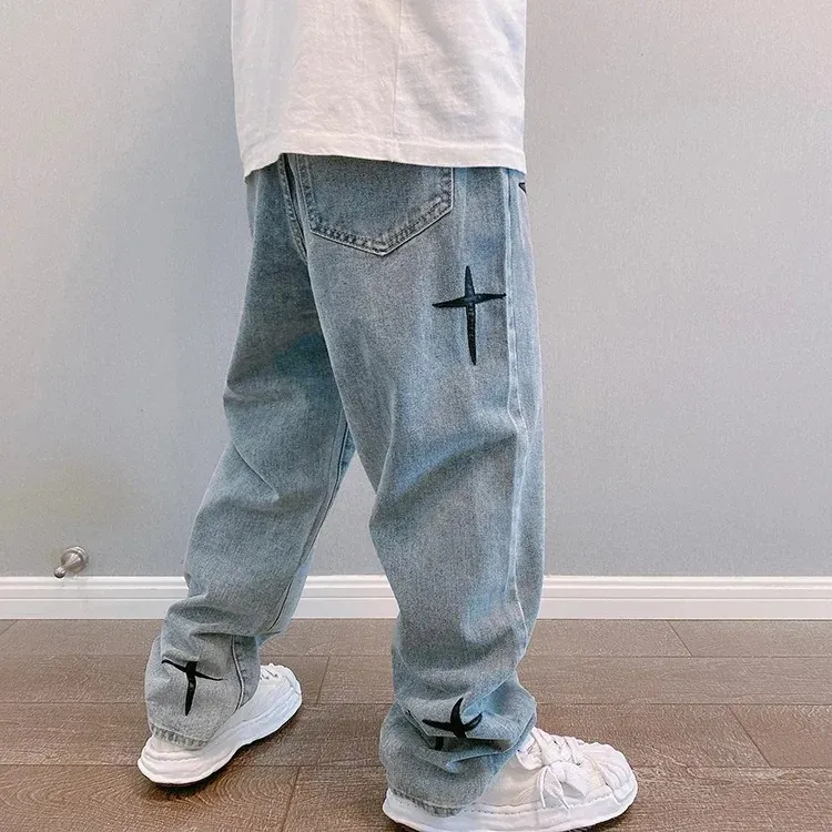 Men's Vintage Loose Fit Wide Leg Denim Cargo Jeans - Designer Star Print Streetwear Fashion Pants showcase 11