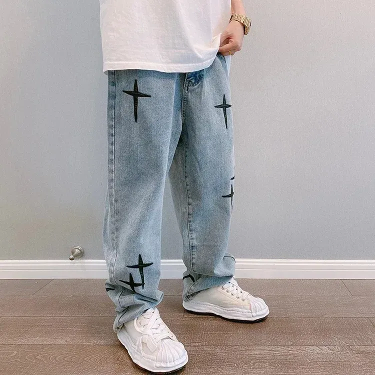 Men's Vintage Loose Fit Wide Leg Denim Cargo Jeans - Designer Star Print Streetwear Fashion Pants showcase 10