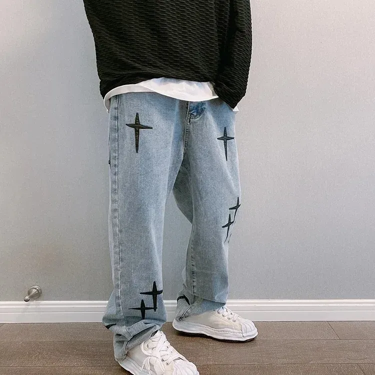 Men's Vintage Loose Fit Wide Leg Denim Cargo Jeans - Designer Star Print Streetwear Fashion Pants showcase 9