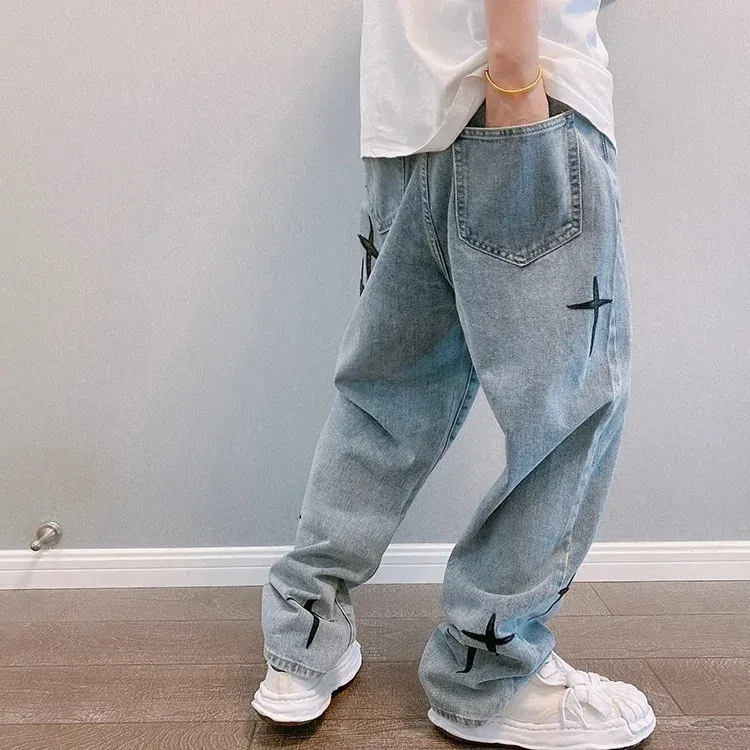 Men's Vintage Loose Fit Wide Leg Denim Cargo Jeans - Designer Star Print Streetwear Fashion Pants showcase 7