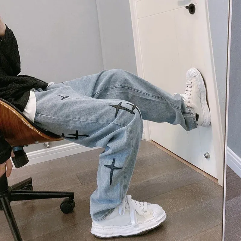 Men's Vintage Loose Fit Wide Leg Denim Cargo Jeans - Designer Star Print Streetwear Fashion Pants showcase 5