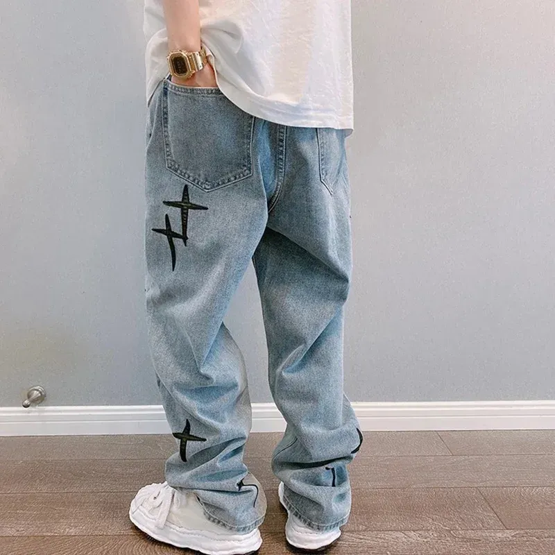 Men's Vintage Loose Fit Wide Leg Denim Cargo Jeans - Designer Star Print Streetwear Fashion Pants showcase 6