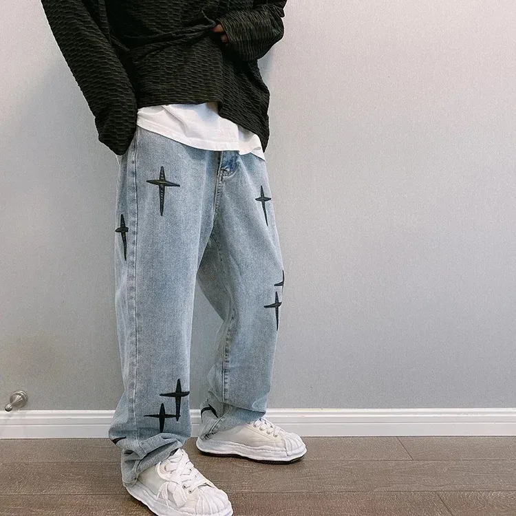 Men's Vintage Loose Fit Wide Leg Denim Cargo Jeans - Designer Star Print Streetwear Fashion Pants showcase 8