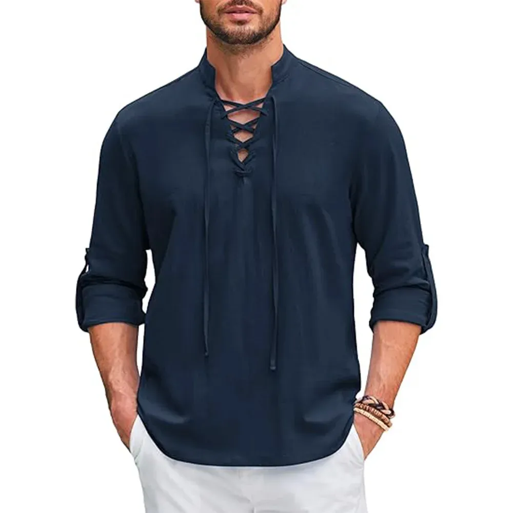 Men's Renaissance Medieval Viking Pirate Shirt Long Sleeve Cotton Linen Top for Halloween Costume & Casual Wear showcase 2
