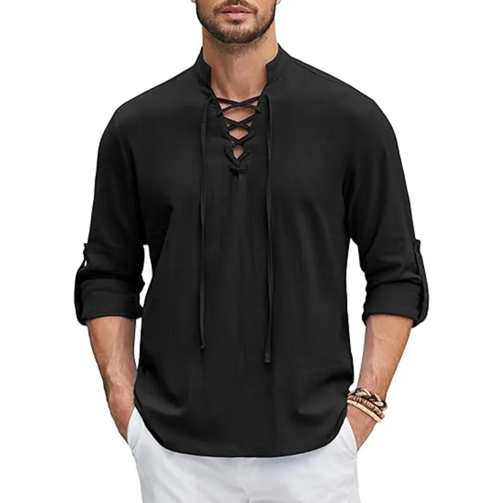 Men's Renaissance Medieval Viking Pirate Shirt Long Sleeve Cotton Linen Top for Halloween Costume & Casual Wear showcase 3