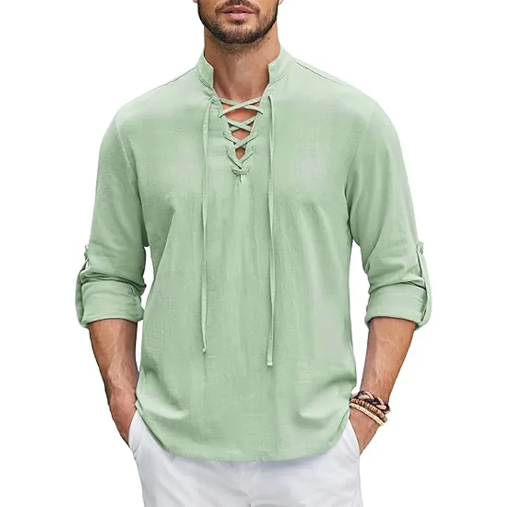 Men's Renaissance Medieval Viking Pirate Shirt Long Sleeve Cotton Linen Top for Halloween Costume & Casual Wear showcase 7
