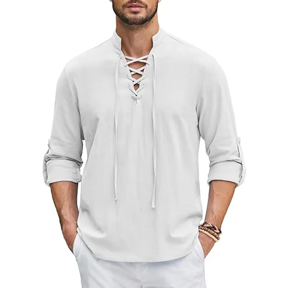 Men's Renaissance Medieval Viking Pirate Shirt Long Sleeve Cotton Linen Top for Halloween Costume & Casual Wear showcase 5
