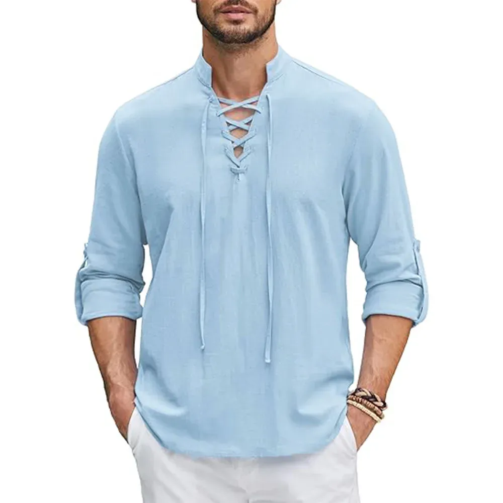 Men's Renaissance Medieval Viking Pirate Shirt Long Sleeve Cotton Linen Top for Halloween Costume & Casual Wear thumbnail 5