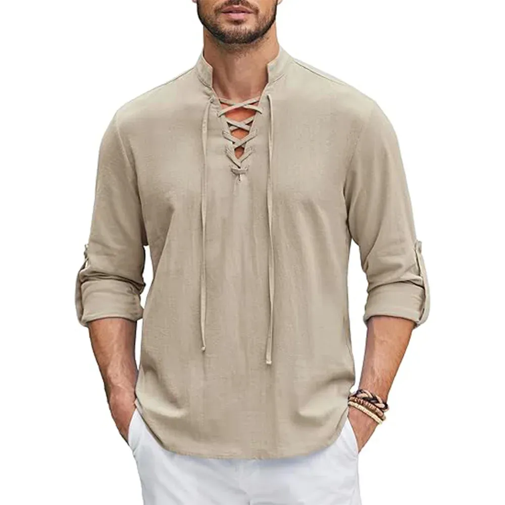 Men's Renaissance Medieval Viking Pirate Shirt Long Sleeve Cotton Linen Top for Halloween Costume & Casual Wear showcase 6