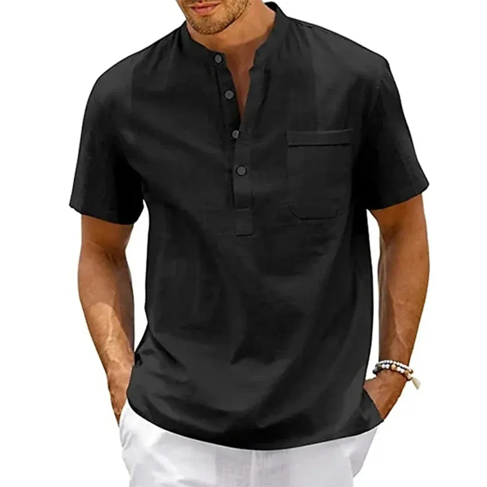 Men's Cotton Linen Henley Shirt - Short Sleeve Casual Beach Top with Pocket, Vintage Streetwear Style showcase 3