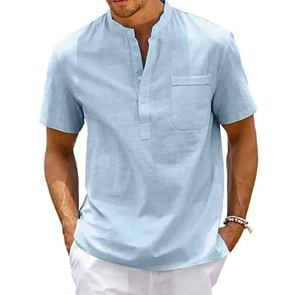 Men's Cotton Linen Henley Shirt - Short Sleeve Casual Beach Top with Pocket, Vintage Streetwear Style showcase 6