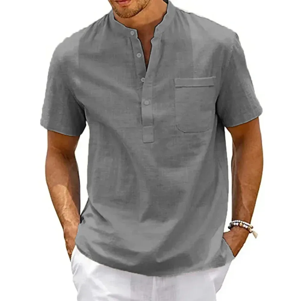 Men's Cotton Linen Henley Shirt - Short Sleeve Casual Beach Top with Pocket, Vintage Streetwear Style showcase 5