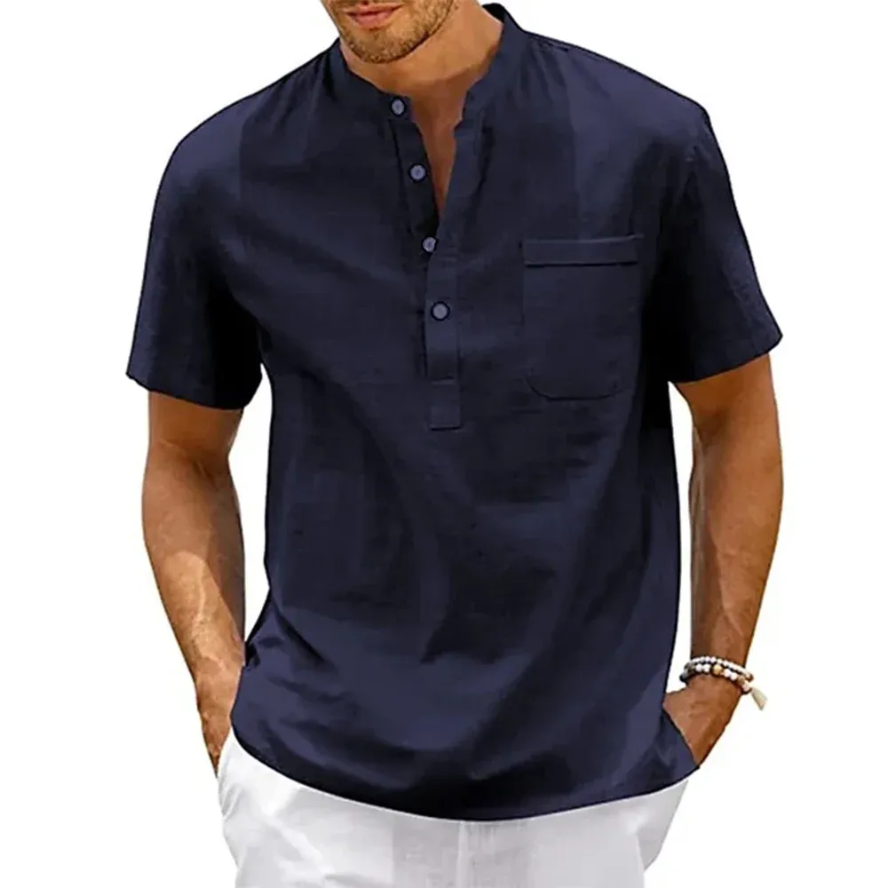 Men's Cotton Linen Henley Shirt - Short Sleeve Casual Beach Top with Pocket, Vintage Streetwear Style showcase 7