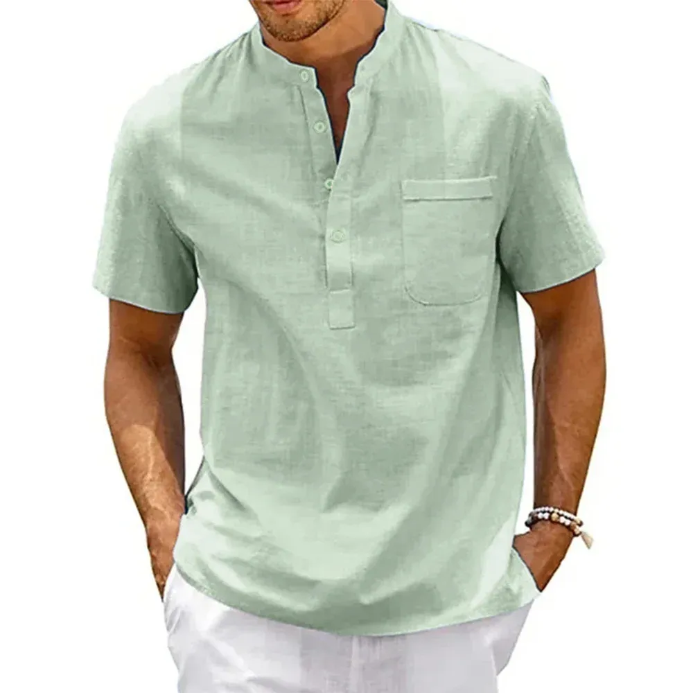 Men's Cotton Linen Henley Shirt - Short Sleeve Casual Beach Top with Pocket, Vintage Streetwear Style thumbnail 5