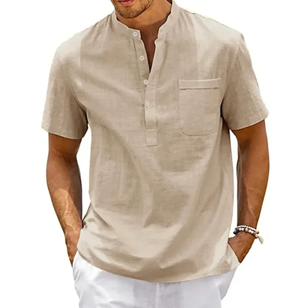 Men's Cotton Linen Henley Shirt - Short Sleeve Casual Beach Top with Pocket, Vintage Streetwear Style thumbnail 1