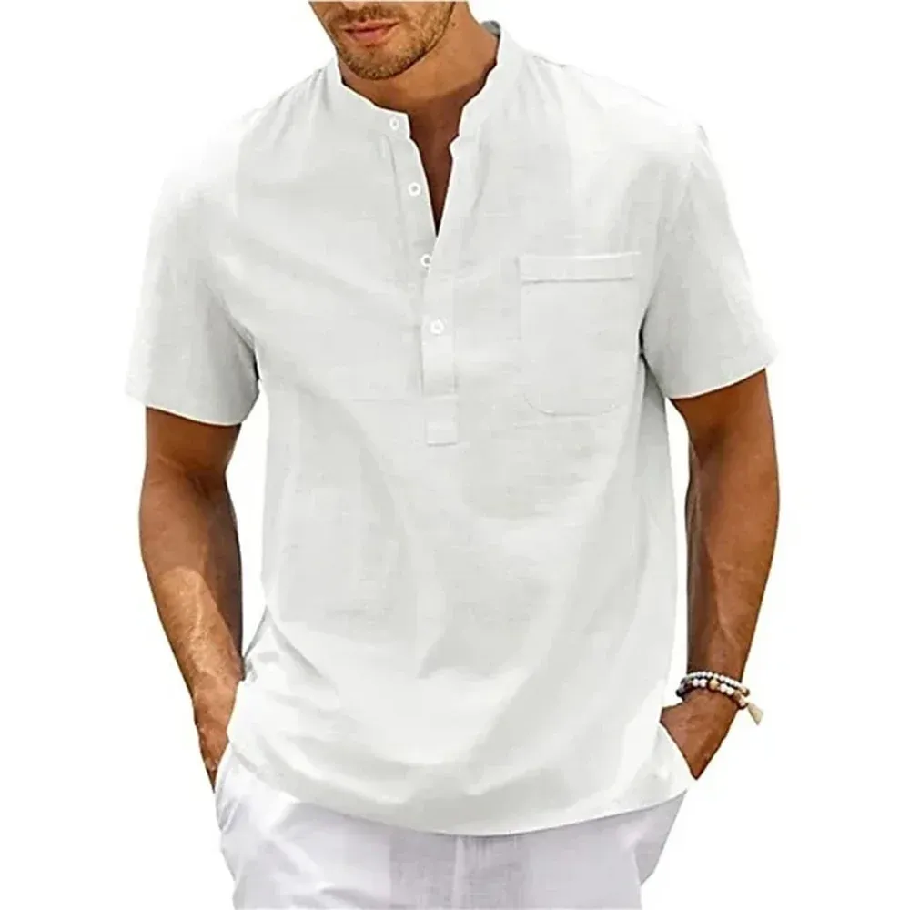 Men's Cotton Linen Henley Shirt - Short Sleeve Casual Beach Top with Pocket, Vintage Streetwear Style showcase 8