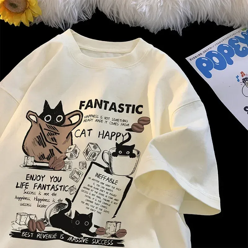 Oversized Korean Style Cartoon Cat Print T-Shirt for Men & Women - Casual Short Sleeve Pullover Top for Couples thumbnail 1
