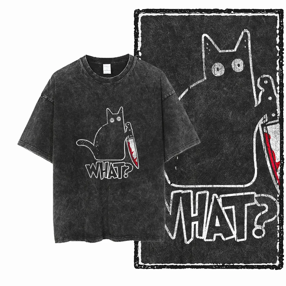 COOLMIND DB Cat Graphic Acid Washed Cotton T-Shirt | Unisex Streetwear Tee for Men & Women | Big Size Casual Summer Top thumbnail 1