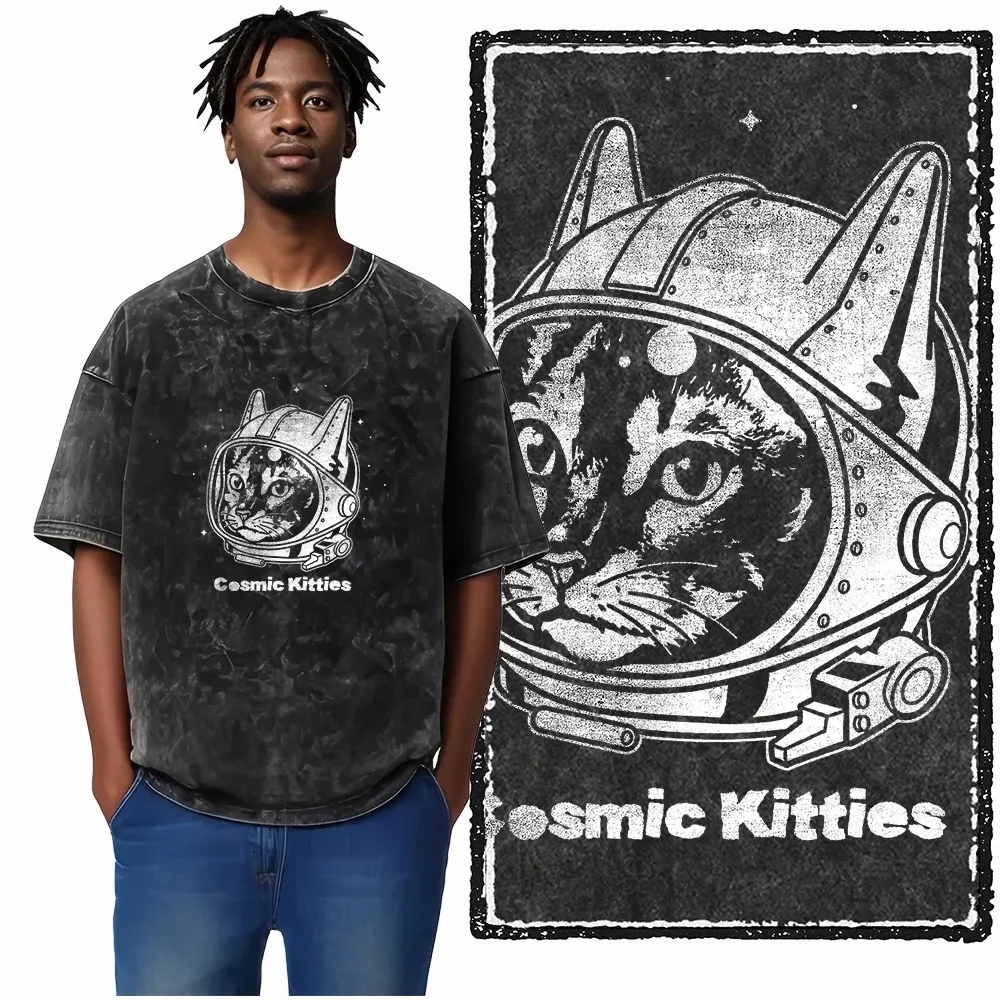 COOLMIND DB Cat Graphic Acid Washed Cotton T-Shirt | Unisex Streetwear Tee for Men & Women | Big Size Casual Summer Top showcase 3