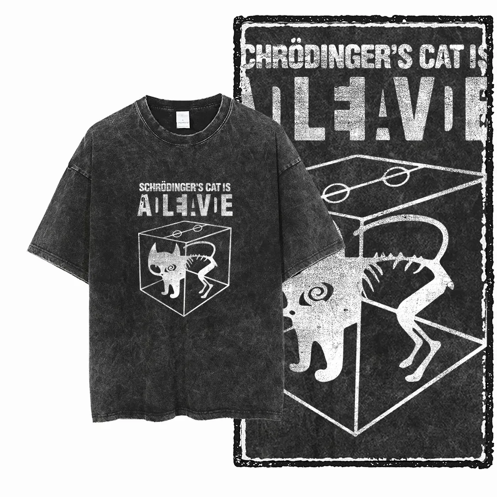 COOLMIND DB Cat Graphic Acid Washed Cotton T-Shirt | Unisex Streetwear Tee for Men & Women | Big Size Casual Summer Top thumbnail 4
